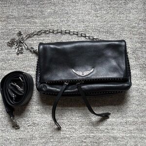 Zadig & Voltaire Rocky Black Leather Bag with Chain Strap and Flap Closure